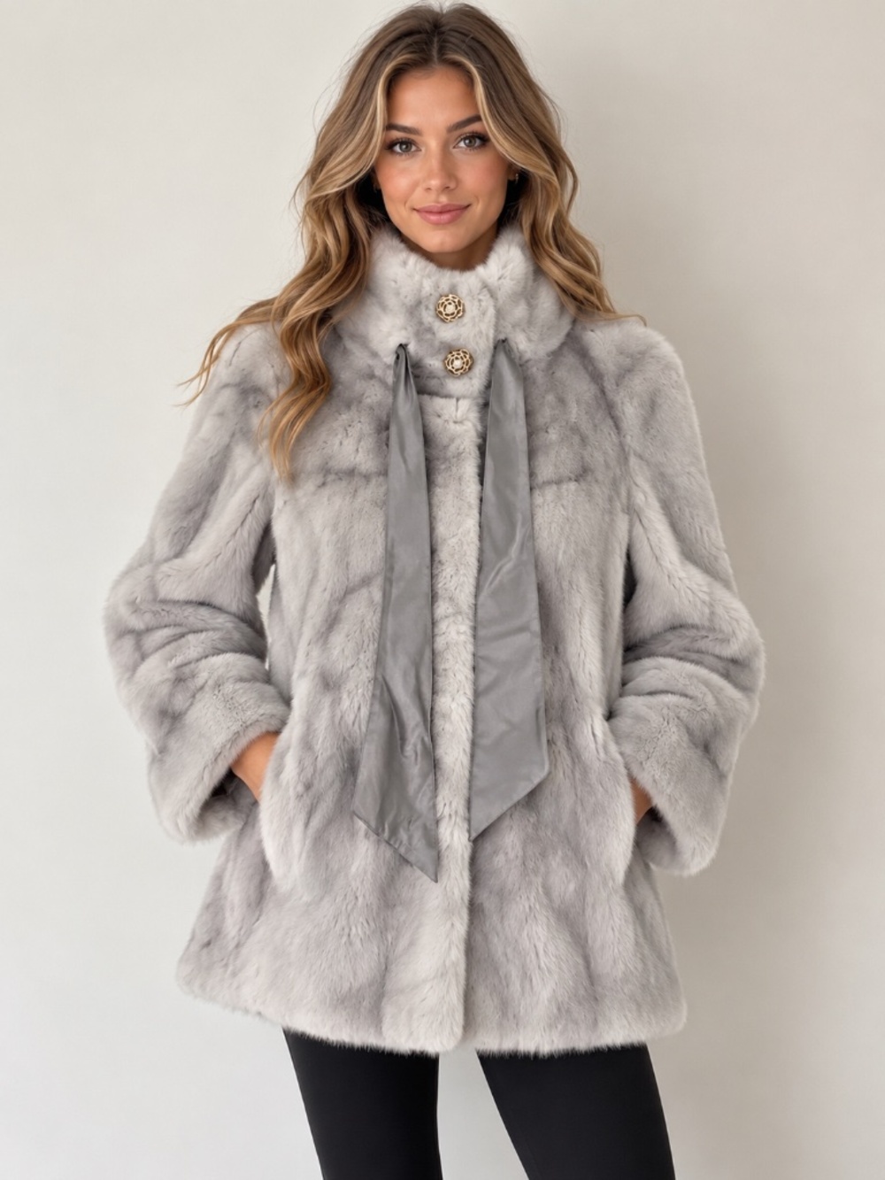 Genuine Sapphire Mink Fir Mid Length Jacket Coat Gray Size Small